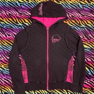 Y2k grunge goth rare 2000s Metal Mulisha Edgy Black and Pink Bomber Jacket